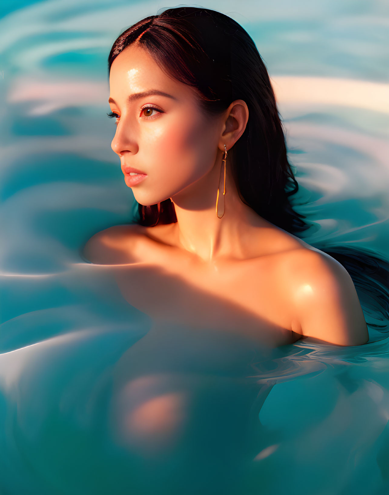 Woman with Wet Hair Submerged in Water with Gold Earrings