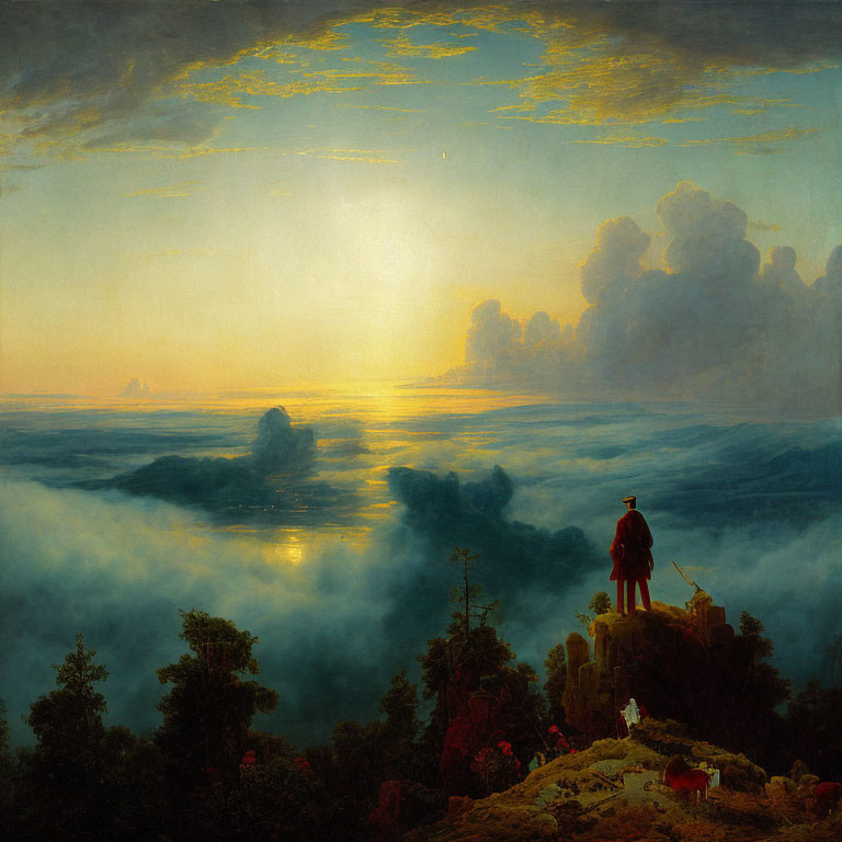 Person on Peak Overlooking Golden Sky & Cloud Sea