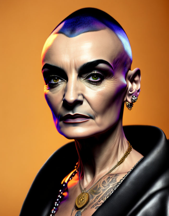 Portrait of person with shaved head, blue eyebrows, intense gaze, earring, neck tattoos on orange