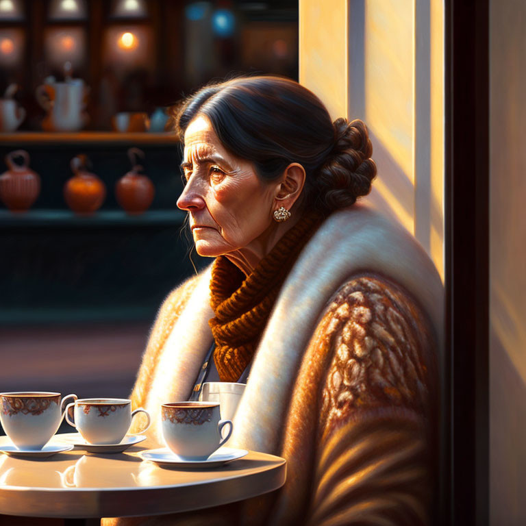 Elderly woman in sweater gazes out cafe window with tea cups