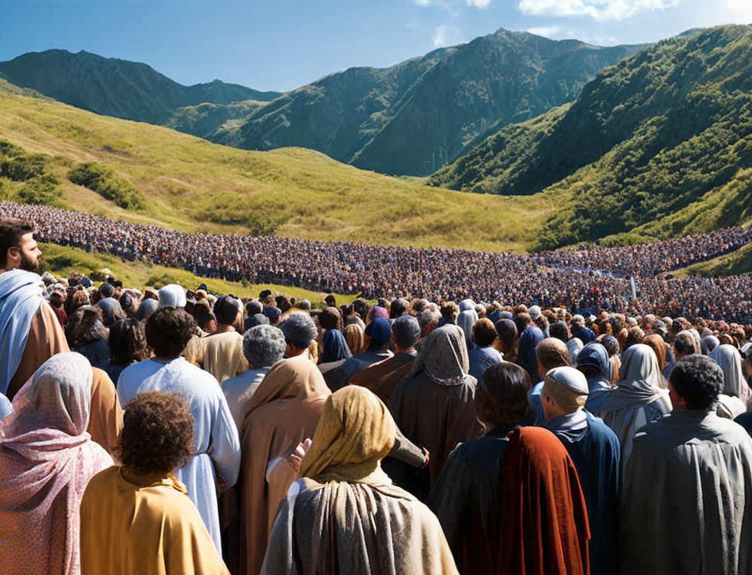 Crowd in mountain valley under clear blue sky