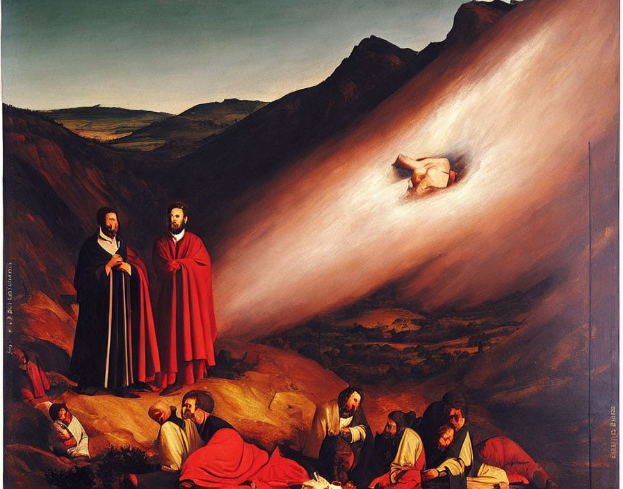 Men in robes on mountain witness divine light on reclining figure