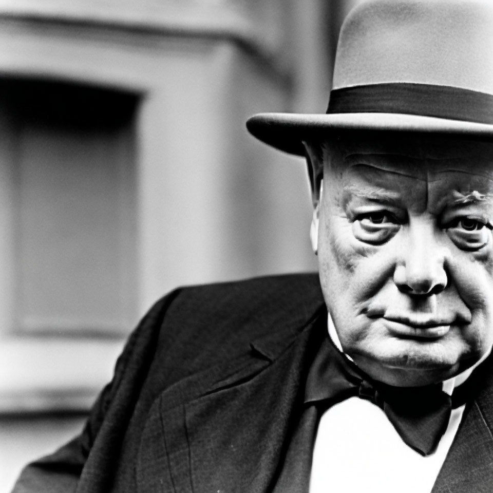 Serious man in dark suit and bowler hat staring at camera