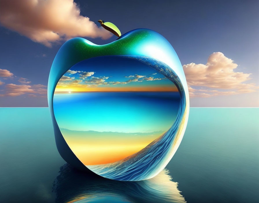 Surreal ocean landscape inside an apple against dusk sky