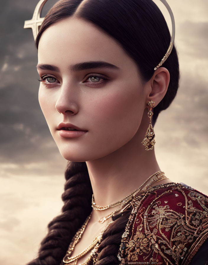 Braided Hairstyle Woman with Golden Jewelry and Intricate Earring