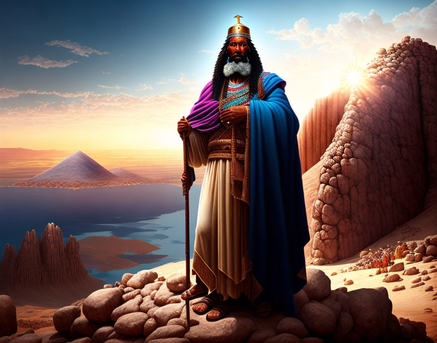 Regal bearded figure in ancient attire with staff in desert landscape.