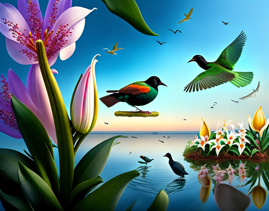 Colorful Birds and Flowers in Tranquil Nature Scene