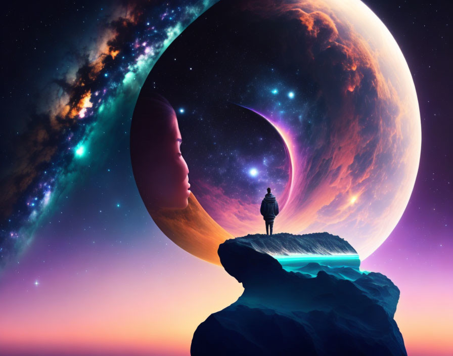 Person standing on rock outcrop gazes at surreal cosmic scene with massive planet and face profile in star