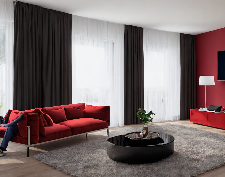 Red sofa, matching wall and cabinet, gray rug, sheer curtains, person lounging in modern living