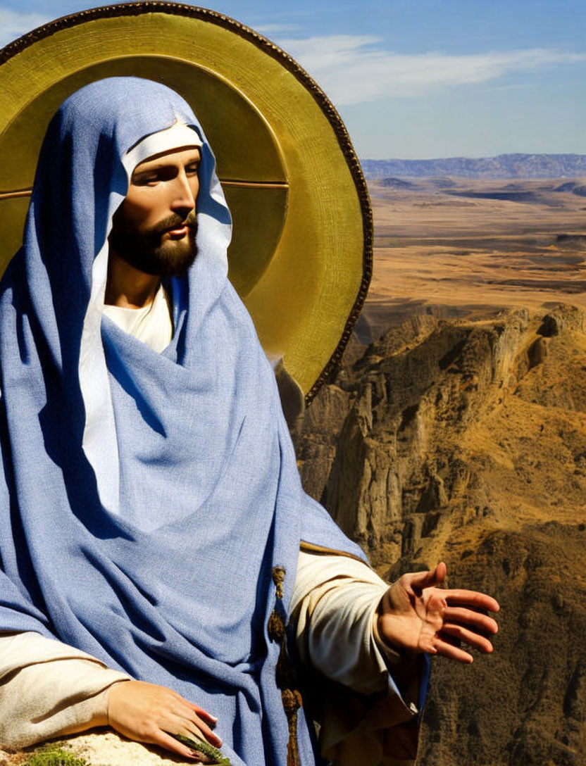 Religious painting of Jesus in blue robes against mountainous backdrop