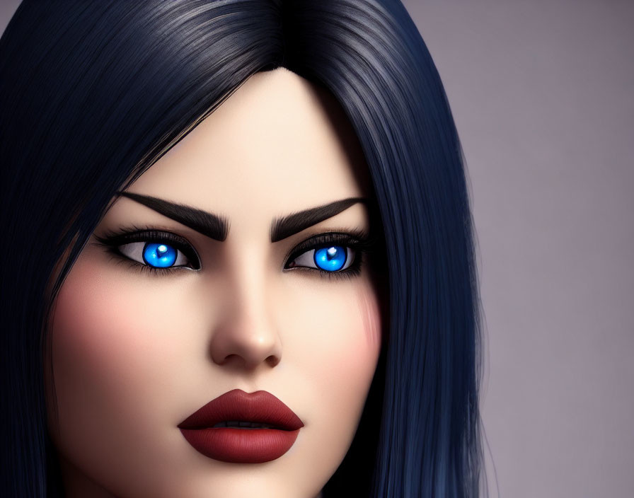 Detailed 3D Rendered Female Face with Blue Eyes and Dark Hair