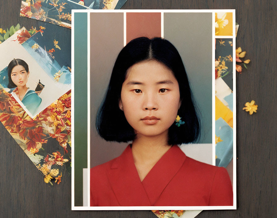 Collage of young woman in red outfit on three sheets with floral backdrop