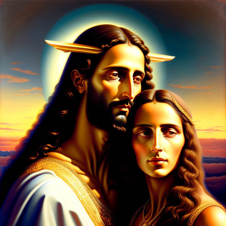 Stylized portrait of man and woman with halos against sunset sky