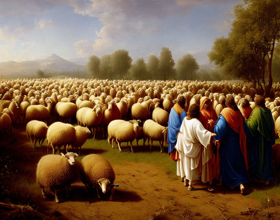 Group of people in robes watching sheep in sunlit field with mountains