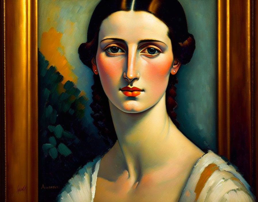 Sharp-featured woman portrait with dark hair in gold frame