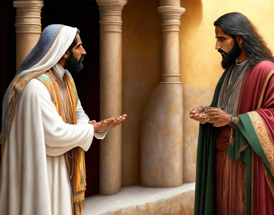 Animated biblical figures converse in ancient Middle Eastern courtyard