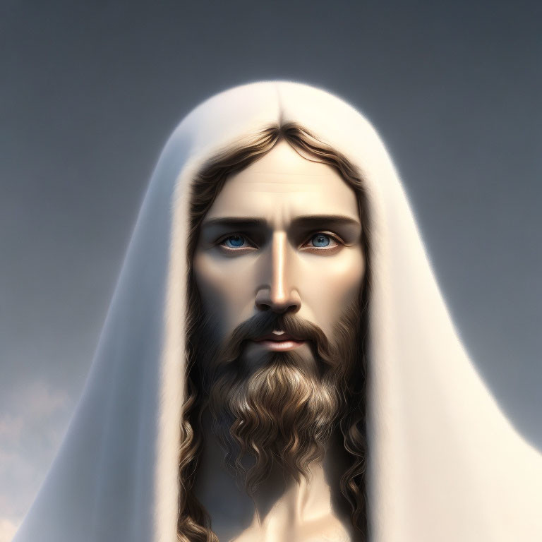 Illustration of serene man with long hair and beard in white garment against blue sky