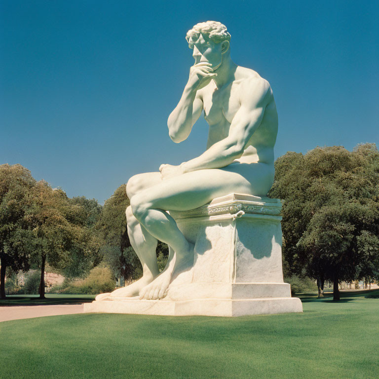 White Statue of Contemplative Man Amid Green Trees and Blue Sky