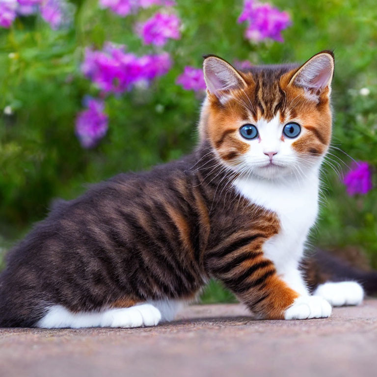 Brown and White Striped Kitten with Blue Eyes on Path with Purple Flowers