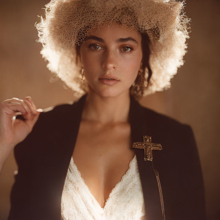 Woman in textured hat, black blazer, white lace top, and cross pendant.