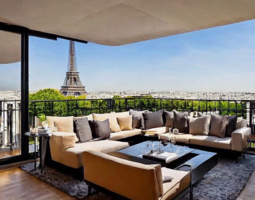 Spacious living room with U-shaped couch and Eiffel Tower view