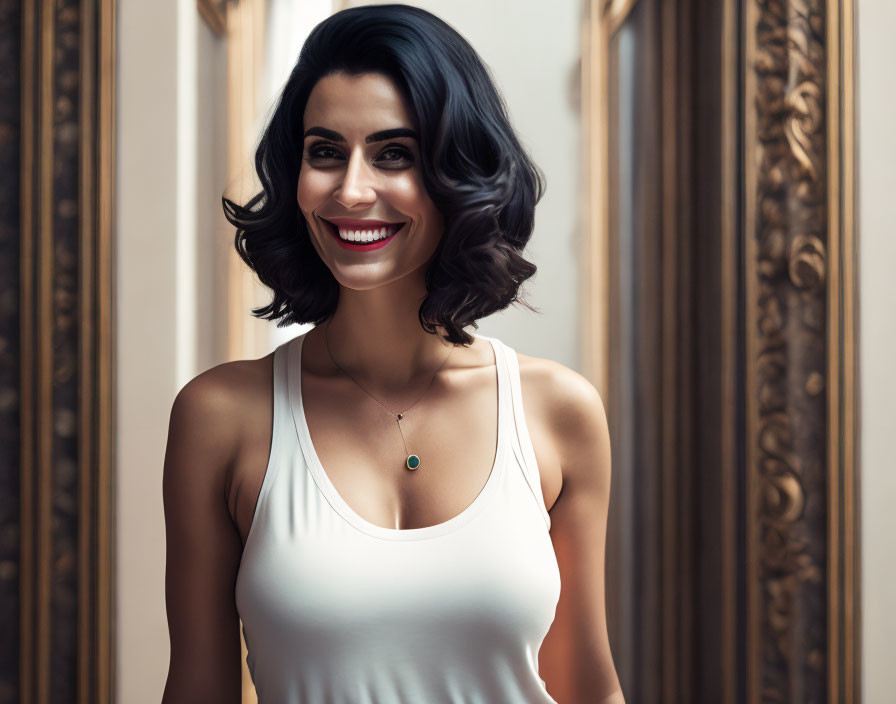 Smiling woman in white tank top by ornate window