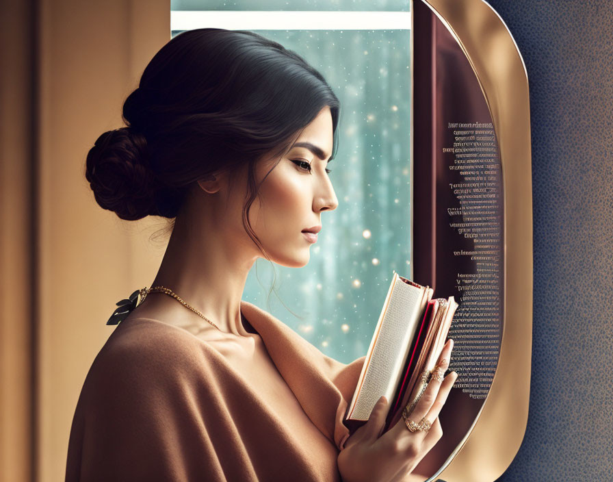 Woman with elegant updo holding a book gazes out porthole window in front of starry