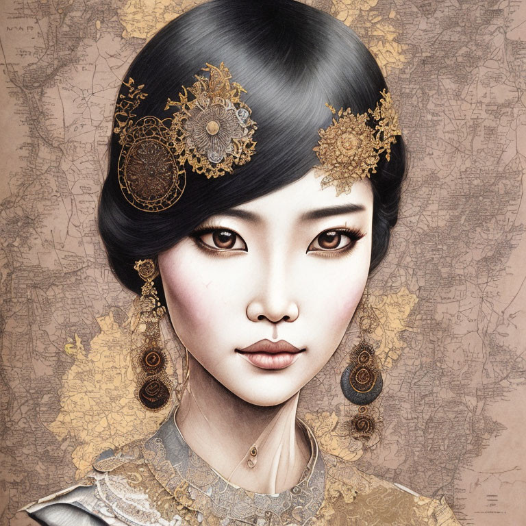 Illustrated portrait of a woman with Asian features on vintage map background