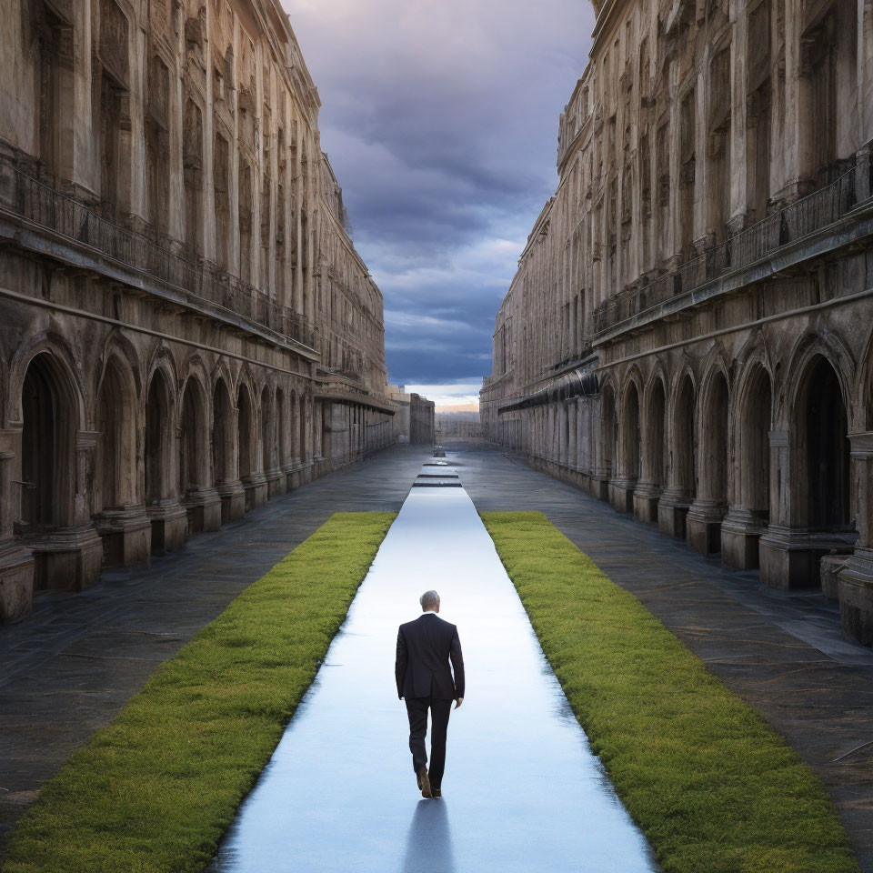 Man in suit walking on surreal path between symmetrical buildings