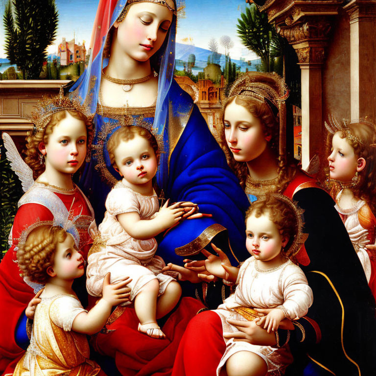 Renaissance painting of Virgin Mary with baby Jesus and angels.