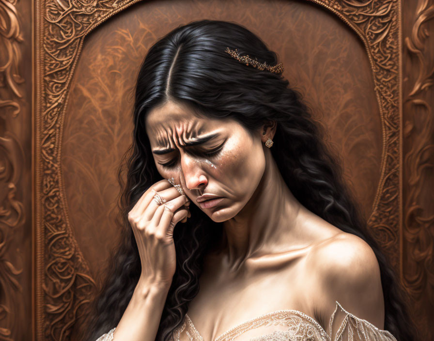 Sorrowful woman with tiara in distress against ornate backdrop