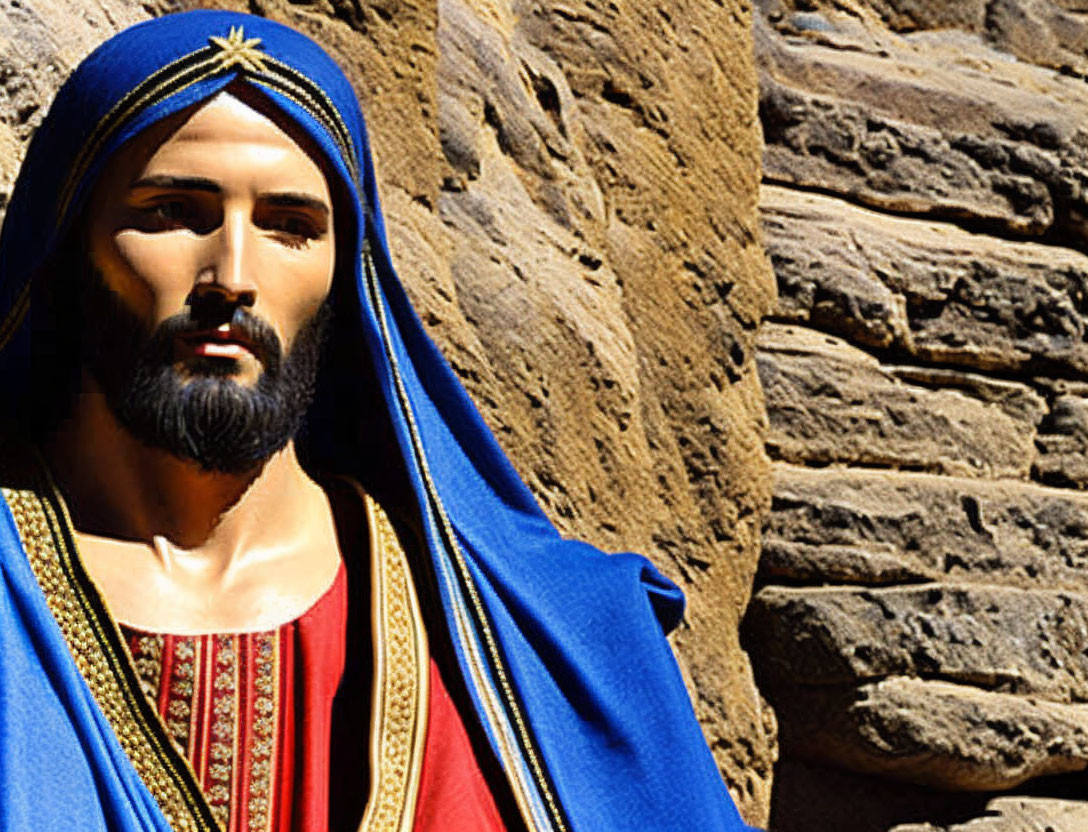 Bearded figure in blue headdress and robe against stone wall.