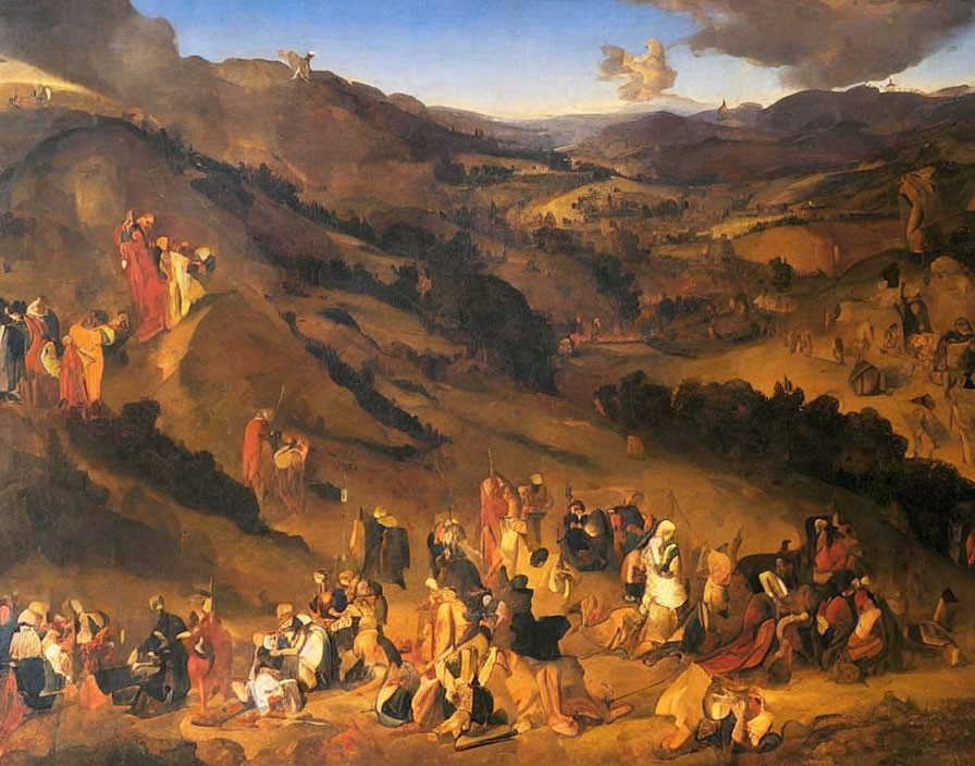 Crowded landscape painting with people in conversation under cloudy sky