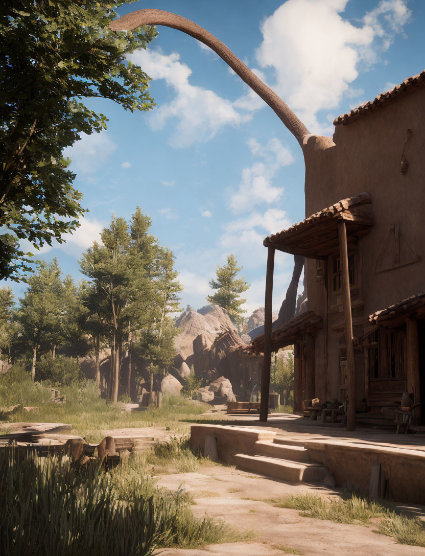 Thatched Roof House with Wooden Door and Mammoth Tusk in Nature