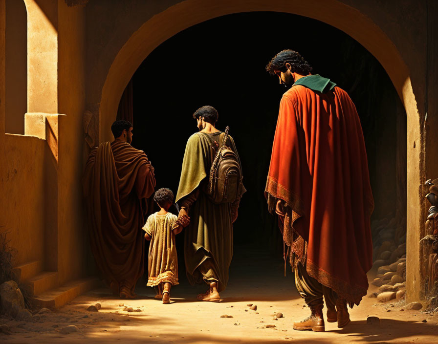 Three cloaked figures with a child in a sandy passageway