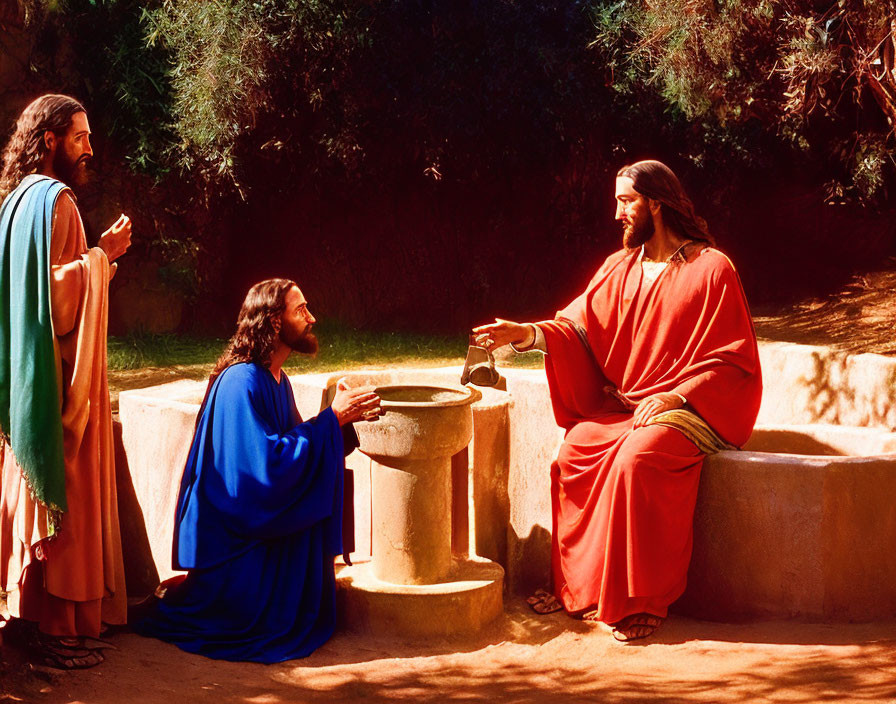 Three figures in historical robes at a well in lush outdoor setting