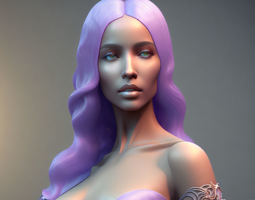 Woman with Lilac Hair and Metallic Tattoo in 3D Illustration