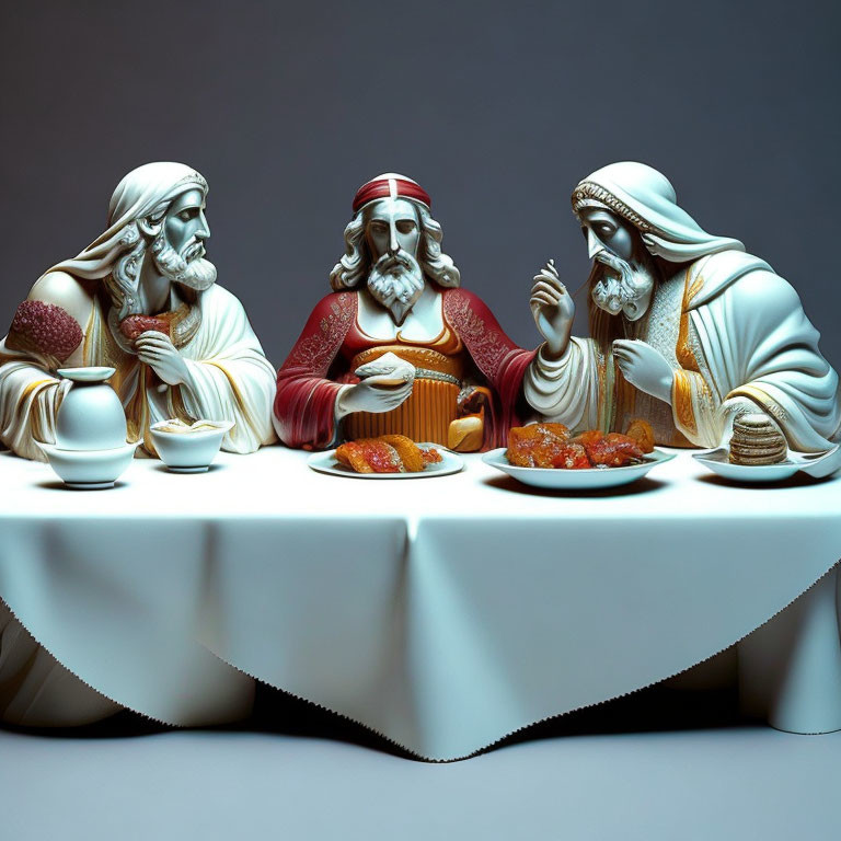 Ancient wise men figurines dining together at a table