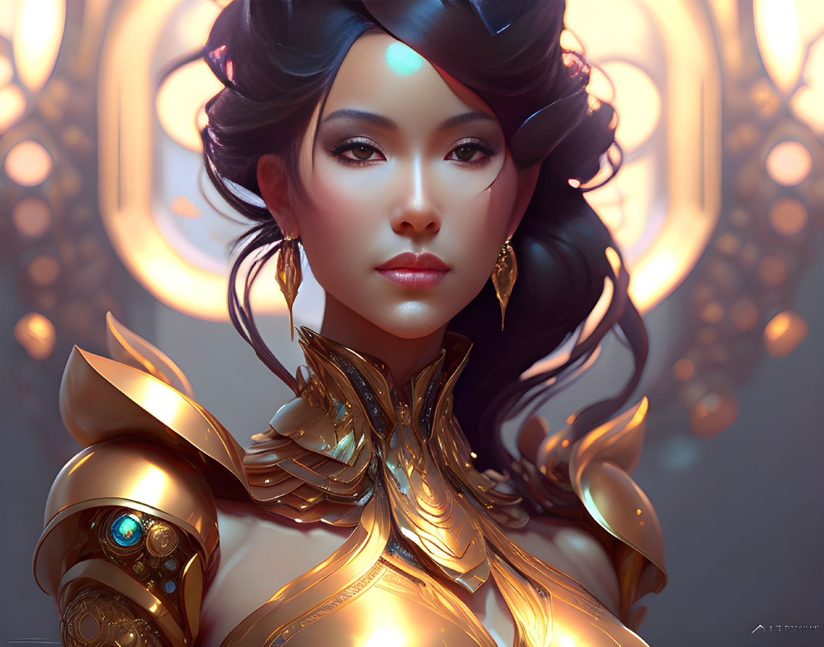 Serene woman in golden armor with blue accents on soft backdrop