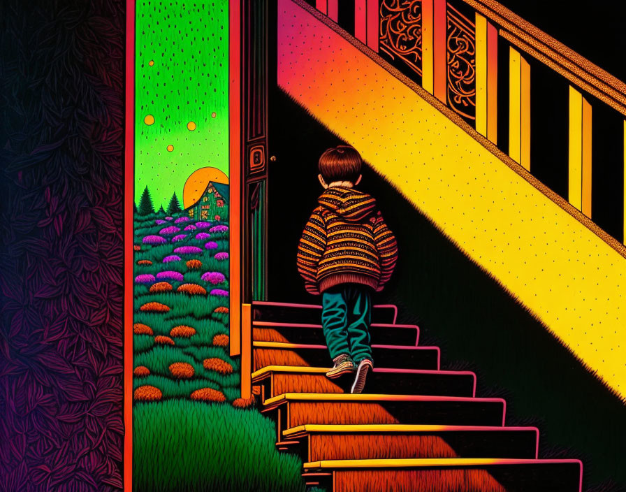 Child in patterned sweater climbs colorful stairs in surreal landscape.