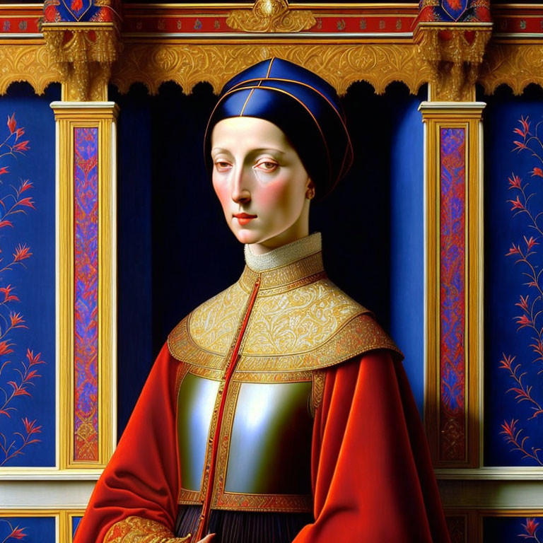 Digital painting of woman in Renaissance attire with red cape, blue headdress, and ornate gold-tr