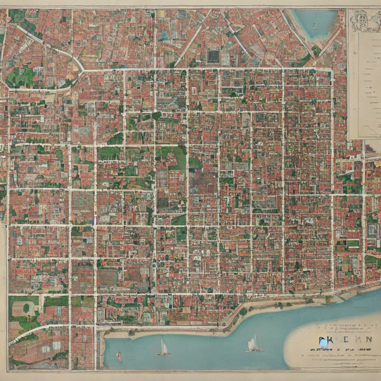 Detailed Vintage City Map with Gridded Layout, Streets, Waterfront, Boats, and Compass