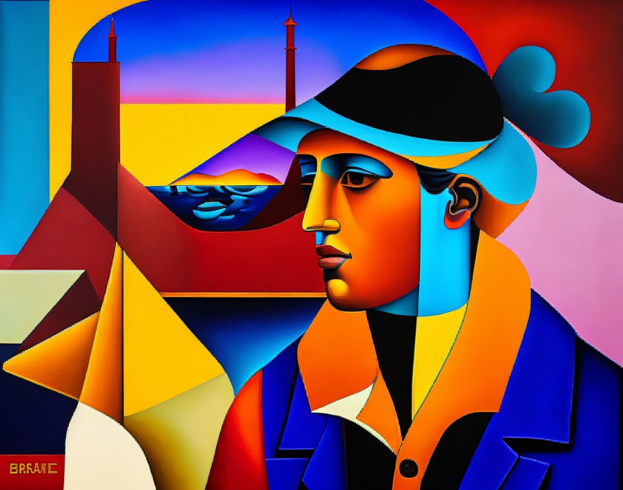 Colorful Cubist Painting of Blue-Faced Figure in Coastal Cityscape