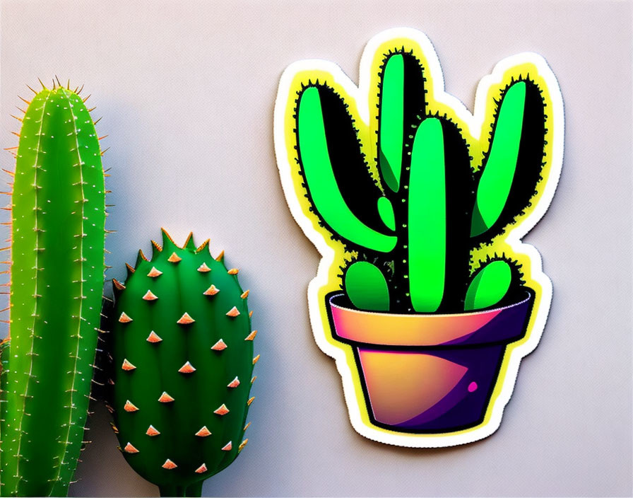 Real cactus and illustrated sticker side by side on grey background