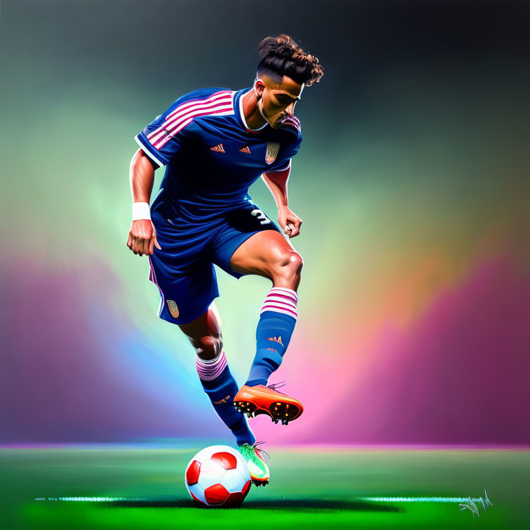 Soccer player in blue and white kit dribbling on abstract background