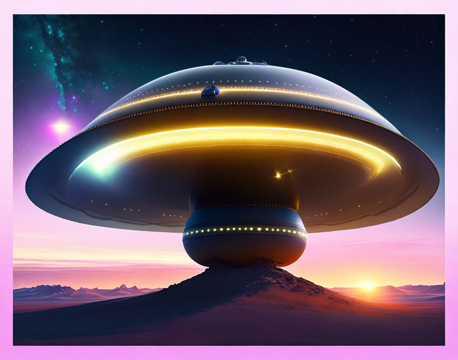 Detailed UFO hovers over mountain landscape at dusk