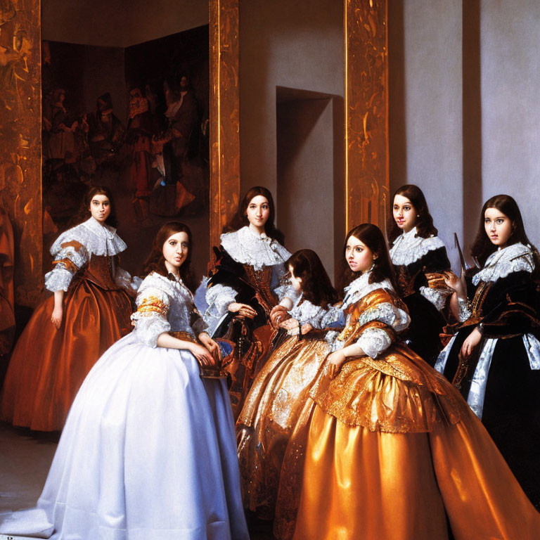 Seven Women in Luxurious Historical Gowns Posing in Elegant Room