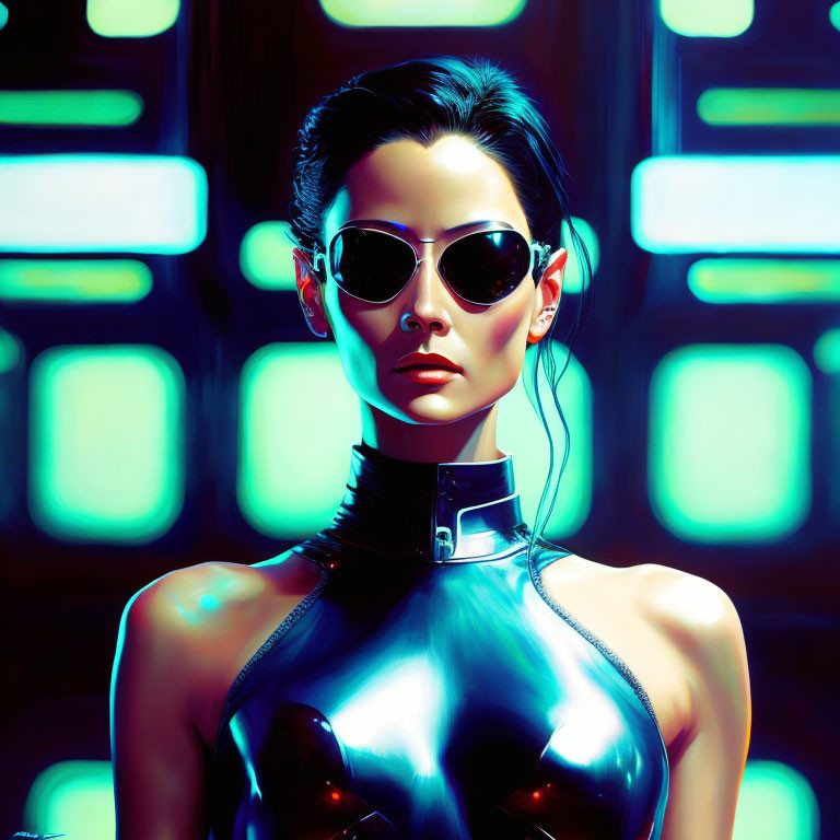 Stylized image of woman in futuristic attire against neon-lit backdrop