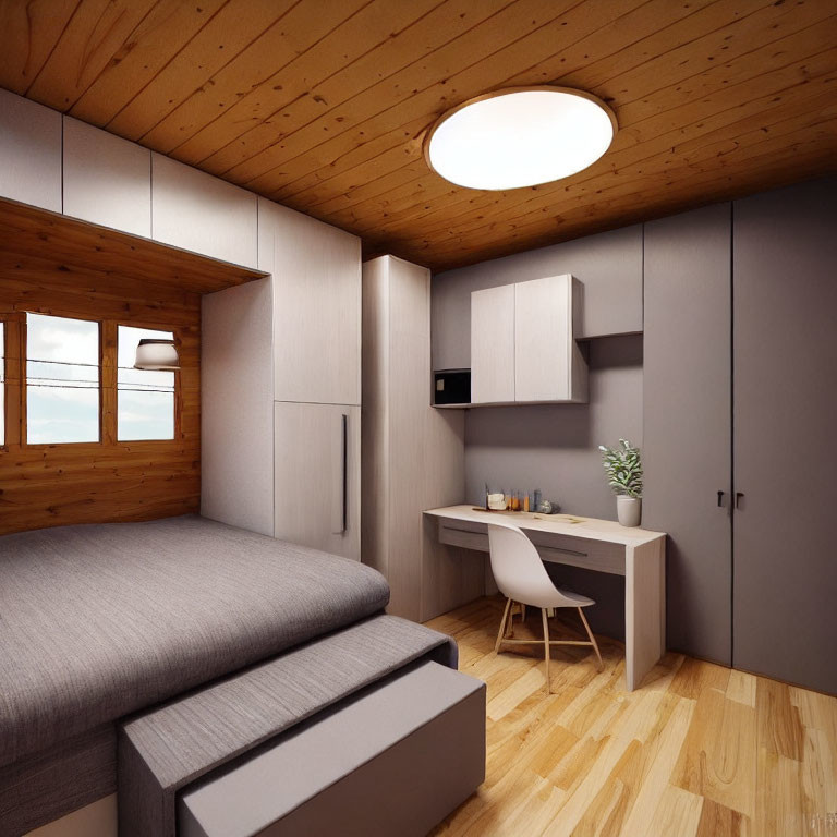 Modern bedroom with wooden ceiling, grey walls, storage bed, built-in cabinets, desk, plant,