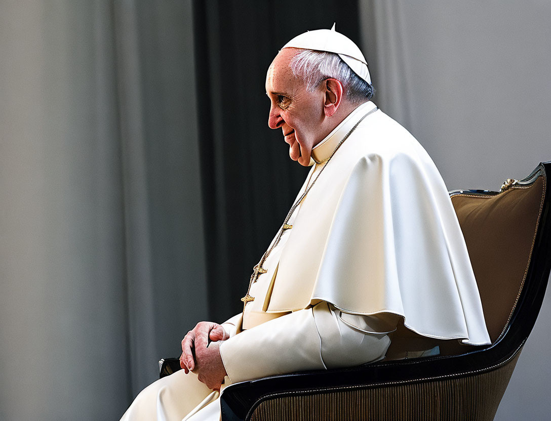 Papal figure in white regalia sitting in chair, smiling.